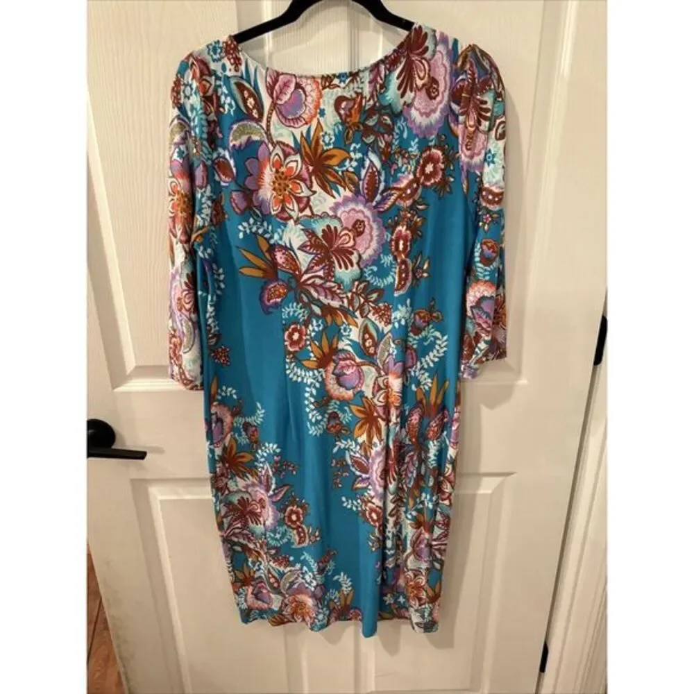 BOB MACKIE Wearable Art Size S Sheath Dress Blue Floral‎ 3/4 Sleeve NEW
